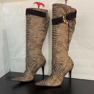 Size 8 Casadei Brown Zebra Print Heeled mid calf tall high heels pointy Boots
